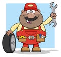 Smiling African American Mechanic Cartoon Character With Tire And Huge Wrench Flat Syle