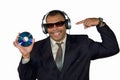 Smiling African-American pointing at compact disk Royalty Free Stock Photo