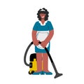 African american maid in dress with vacuum cleaner.Vector flat illustration Royalty Free Stock Photo