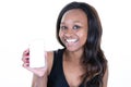 Smiling african american woman showing smartphone white blank screen empty for mock up Royalty Free Stock Photo