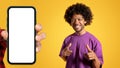 Smiling african american young man pointing fingers at camera, choosing you near hand with smartphone Royalty Free Stock Photo