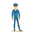 Smiling airline pilot character in blue uniform, aircraft captain vector Illustration Royalty Free Stock Photo