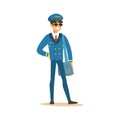 Smiling airline pilot character in blue uniform and sunglasses standing with bag, aircraft captain vector Illustration Royalty Free Stock Photo