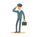 Smiling airline pilot character in blue uniform wuth briefcase, aircraft captain vector Illustration Royalty Free Stock Photo