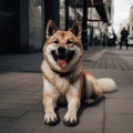 Akita dog lying on urban sidewalk. Generative by Ai.