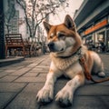 Akita dog lying on urban sidewalk. Generative by Ai.