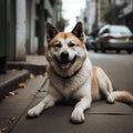 Smiling akita dog lying on urban sidewalk. Generative by Ai.