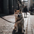 Smiling akita dog lying on urban sidewalk. Generative by Ai.