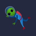 Smiling alien with big eyes wearing blue space suit flying in Space, alien positive character cartoon Illustration Royalty Free Stock Photo
