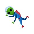 Smiling alien with big eyes wearing blue space suit flying in Space, alien positive character cartoon vector Royalty Free Stock Photo
