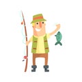 Smiling Amateur Fisherman In Khaki Clothes Holding A Fish He Caught Cartoon Vector Character And His Hobby Illustration