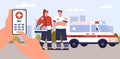 Smiling ambulance emergency specialists standing near car with cross sign flat style Royalty Free Stock Photo