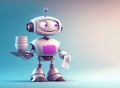 Smiling android waiter holding a tray with dirty plates and a towel over blue background with copy space, generative AI