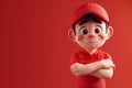 Smiling Animated Boy in Red Cap and Overalls, Crossed Arms, Red Background, Cute Cartoon Character, 3D Rendering, Friendly and