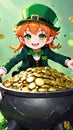 Smiling Anime Leprechaun Guarding a Pot of Gold Coins in the Enchanted St. Patricks Day Forest Royalty Free Stock Photo