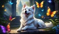 White Samoyed dog with bright eyes and fluffy fur, smiling as colorful butterflies flutter around it in an enchanted fores