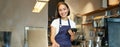 Smiling asian barista, girl with card terminal, payment machine and laptop, standing in cafe, processing payment for Royalty Free Stock Photo