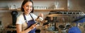 Smiling asian barista girl, making coffee, pouring steamed milk into cappuccino, doing latte art in cup, working in cafe Royalty Free Stock Photo