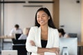 Smiling Asian businesswoman looking away, business vision concept