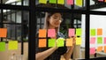 Smiling asian businesswoman write tasks on sticky notes on glass wall Royalty Free Stock Photo