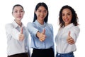 Smiling Asian, Caucasian and African American businesswomen are colleagues and call center or secretary operator are thumbs up Royalty Free Stock Photo
