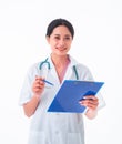 Smiling asian female doctor holding clipboard and looking at camera. isolated on white Royalty Free Stock Photo