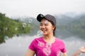 Smiling asian girl happy with air bubbles Royalty Free Stock Photo