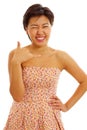 Smiling asian girl showing call me sign
