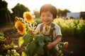 Smiling Asian Kid Standing Amidst a Field of Bright Sunflowers, Joyful Childhood Memories Royalty Free Stock Photo