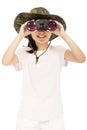 Smiling asian Little girl looking through binoculars. Royalty Free Stock Photo