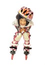 Smiling asian little girl roller skates and protective gear Royalty Free Stock Photo