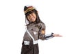 Smiling asian little girl wearing a police uniform with one hand present something Royalty Free Stock Photo