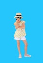 Smiling asian little girl wearing sunglasses and straw hat isolated on light blue background with clipping path. Summer and Royalty Free Stock Photo