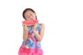 Smiling asian little kid girl eating watermelon isolated on white background Royalty Free Stock Photo