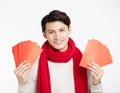 Asian man showing the red envelope Royalty Free Stock Photo