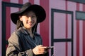 smiling asian woman with earphones listening music Royalty Free Stock Photo