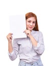 Smiling Asian woman holding blank white banner, business sign board  paper with clipping path. studio portrait of beautiful female Royalty Free Stock Photo