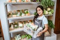 Smiling asian woman wearing apron carrying basket of fresh vegetables Royalty Free Stock Photo