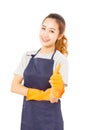 Smiling Asian Woman Wearing Rubber Gloves Giving Thumbs Up. Royalty Free Stock Photo