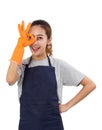 Smiling Asian Woman Wearing Rubber Gloves. Royalty Free Stock Photo