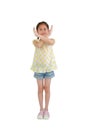 Smiling Asian young child crossed hands X gesture isolated on white background. Kid show stop sign arms. Full length