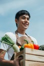 Smiling Asian young man standing proudly in front of a field landscape holding a wooden box of fresh vegetables-farming Royalty Free Stock Photo
