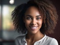 Smiling attractive beautiful african american girl with clean healthy skin, curly hair in afro in white shirt generative AI Royalty Free Stock Photo