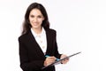 Smiling attractive mature caucasian businesswoman with lovely smile. Happy businesswomen wearing suit working on document, hold Royalty Free Stock Photo