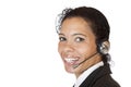 Smiling attractive woman makes with headset a call