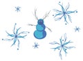 Azure ice snowflakes around a snowman with antlers