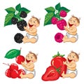 Smiling baby with a blackberries, strawberries, raspberries and cherry