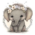 Smiling baby elephant in a floral crown made of spring flowers. Cartoon character for postcard, birthday, nursery decor. Royalty Free Stock Photo