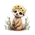 Smiling baby meerkat in a floral crown made of spring flowers. Cartoon character for postcard, birthday, nursery decor. Royalty Free Stock Photo