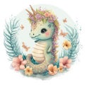 Smiling baby sea horse in a floral crown made of spring flowers. Cartoon character for postcard, birthday, nursery decor. Royalty Free Stock Photo